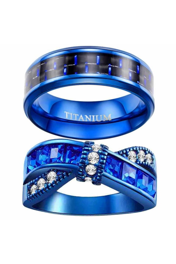 2 Blue Matching Rings Couple Ring 1CT AAA CZ Women Wedding Ring Female Ring