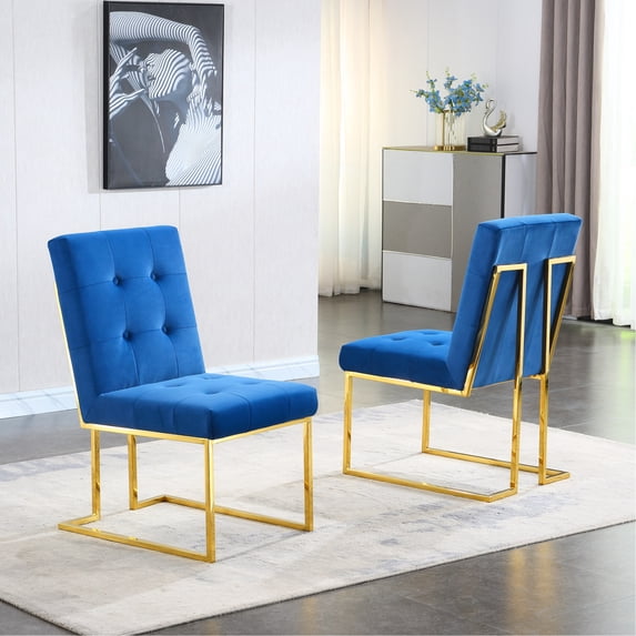 2 Blue Velvet Dining Chair - Modern Gold Base, No Installation Required, Ready To Use Of 2 , Finish Blue, Required