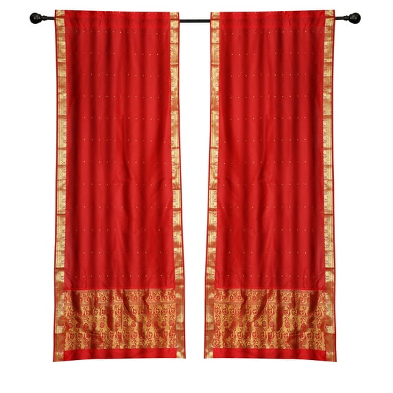 2 Boho Red Indian Sari Rod Pocket cafe Curtains Kitchen Drapes-43W x 36L