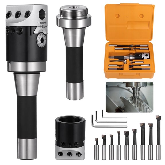 2" Boring Head Kit, R8 Shank, 9 Pcs 1/2" Carbide Boring Bars, 3 Pcs Allen Wrenches Provided, Lathe Tools Milling Set, Accessory Case, Machining Equipment