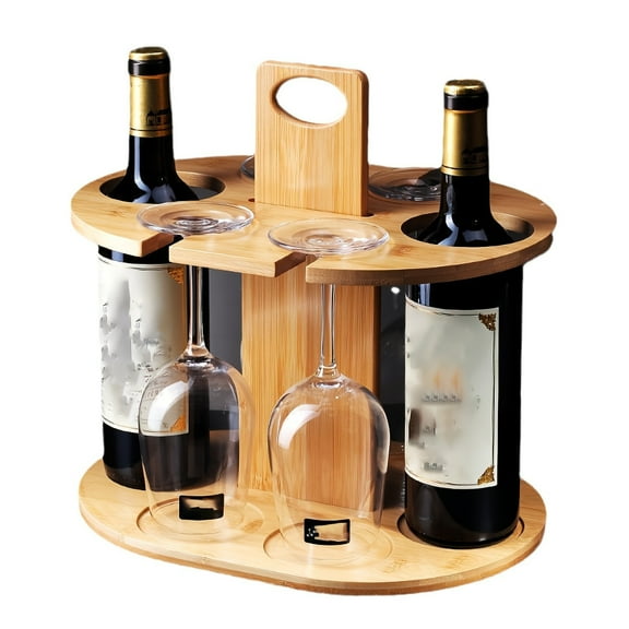 2 Bottle Holder & 4 Glass Rack, Wine Glass Hanging Drying Stand Organizer on Countertop Tabletop with Free Corkscrew, Bamboo