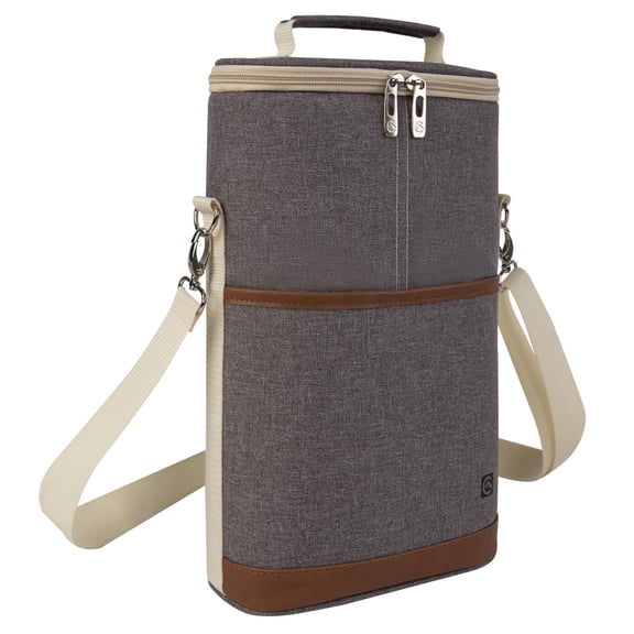 BRONZY 2 Bottle Insulated Wine Tote - Padded Canvas Carrier for Travel, BYOB Restaurant, Wine Tasting & Party (Dark Gray)