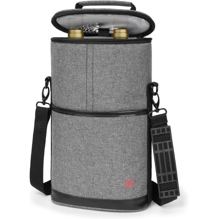 2 Bottle Insulated Wine Tote - Padded Canvas Carrier for Travel, BYOB Restaurant, Wine Tasting & Party (Gray)