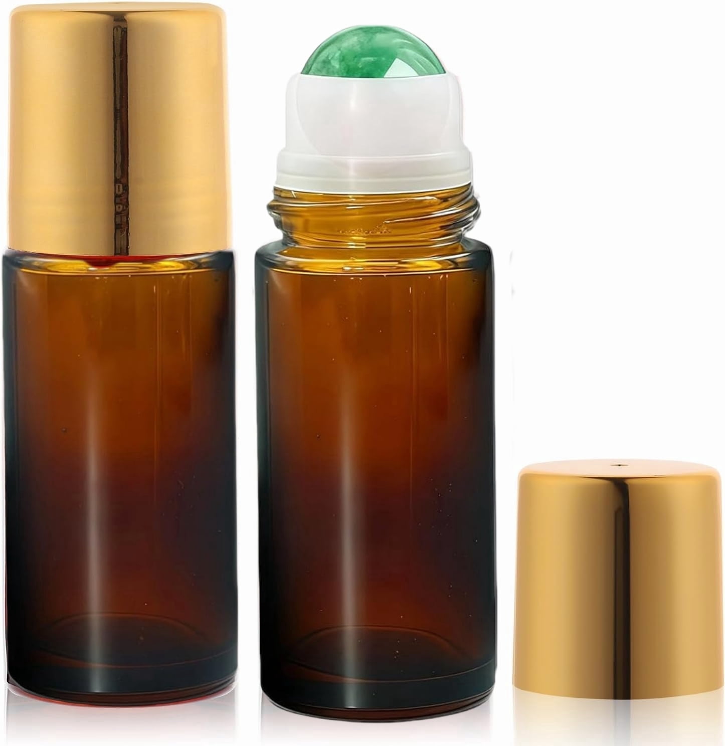 2 Pack Green Aventurine Roller Bottles for Essential Oils, 50ml Refillable Amber Glass Roll On Bottles with Natural Crystal Roller Balls, Leak-Proof Travel Perfume Bottle with Gold Caps