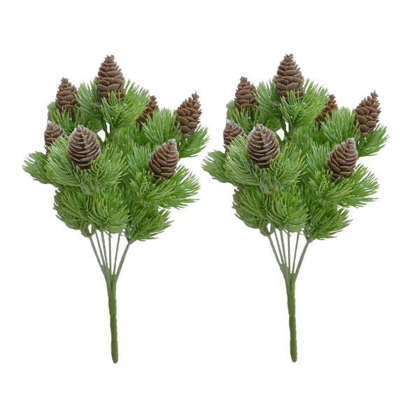 2 Bouquets Artificial Plant 7-pronged Easy to Care Plastic Fake Cedar Branches with Simulation Pine Cones for Home Green P
