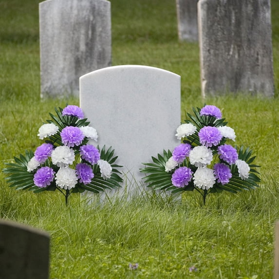 2 Bouquets Cemetery Flowers For Grave Memorial 12 Heads Artificial Flowers Cemetery Day Grave Faux Chrysanthemum Arrangements Lasting And Non-Bleed Colors For Headstones Tombstone Decor(White&Purple)