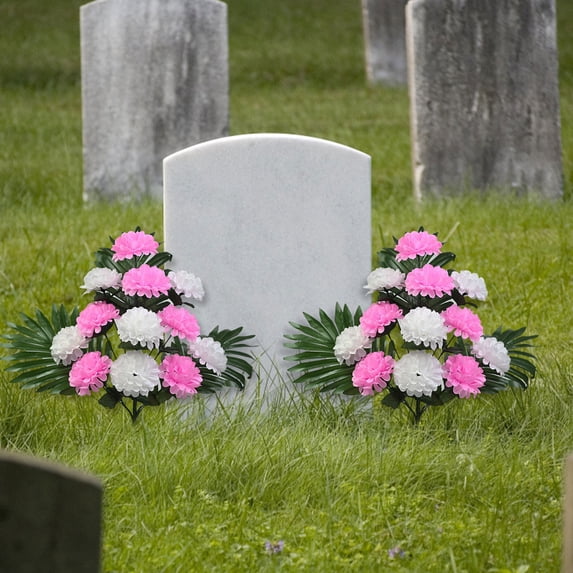 2 Bouquets Cemetery Flowers For Grave Memorial 12 Heads Artificial Flowers Cemetery Day Grave Faux Chrysanthemum Arrangements Lasting And Non-Bleed Colors For Headstones Tombstone Decor(White & Pink)