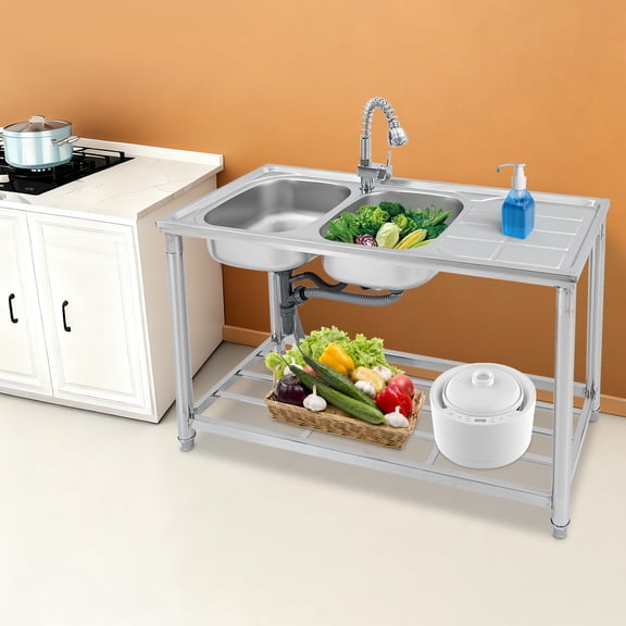 2Bowl Stainless Steel Kitchen Sink with 19.69" PullOut Faucet, 220lb Load Capacity, QuickDrain UShape, Builtin Lower Shelf & Large 16.14" Countertop 201 Stainless, Electroplated Finish