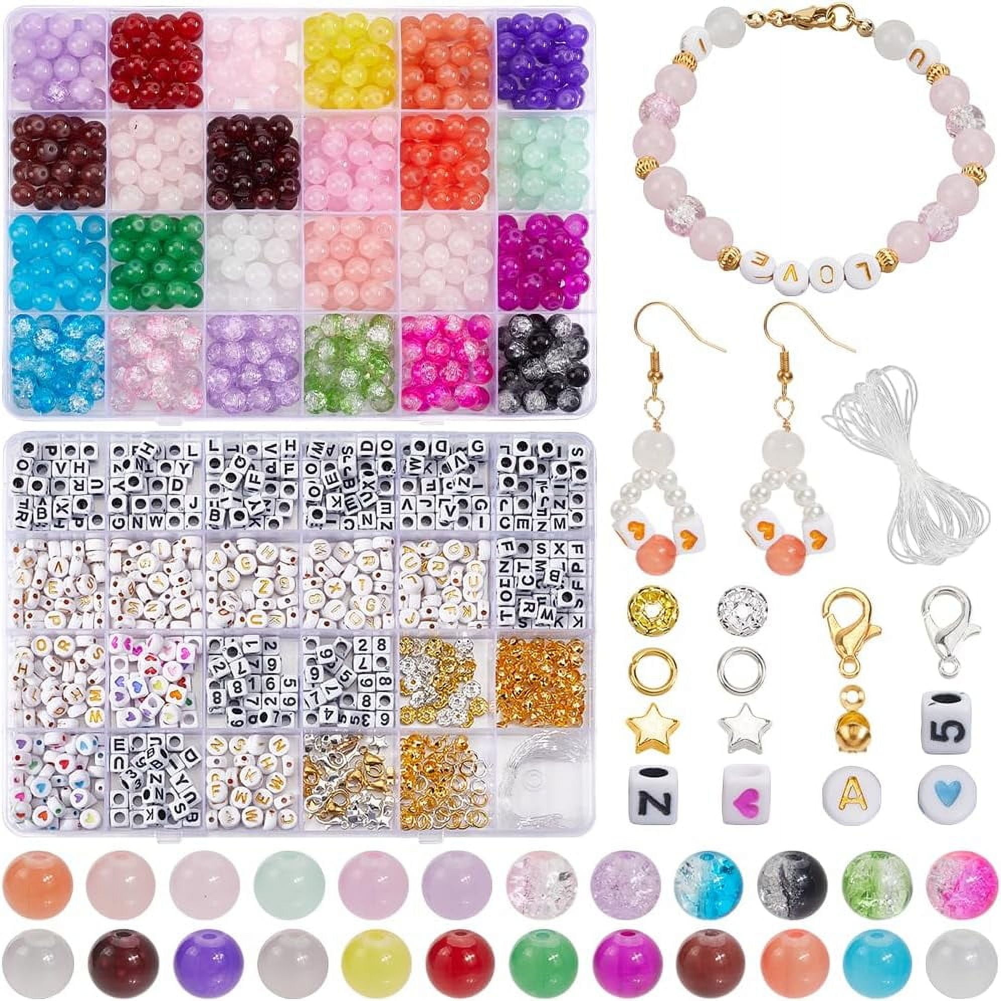 2 Box 1380Pcs 24 Colors 8mm Glass Beads with Letters Kit Friendship Bracelet Making Kits Glass Beads Acrylic Stars Rhinestone Spacer Bead for Jewelry Making Supplies DIY Bracelets Crafts Colorful DIY