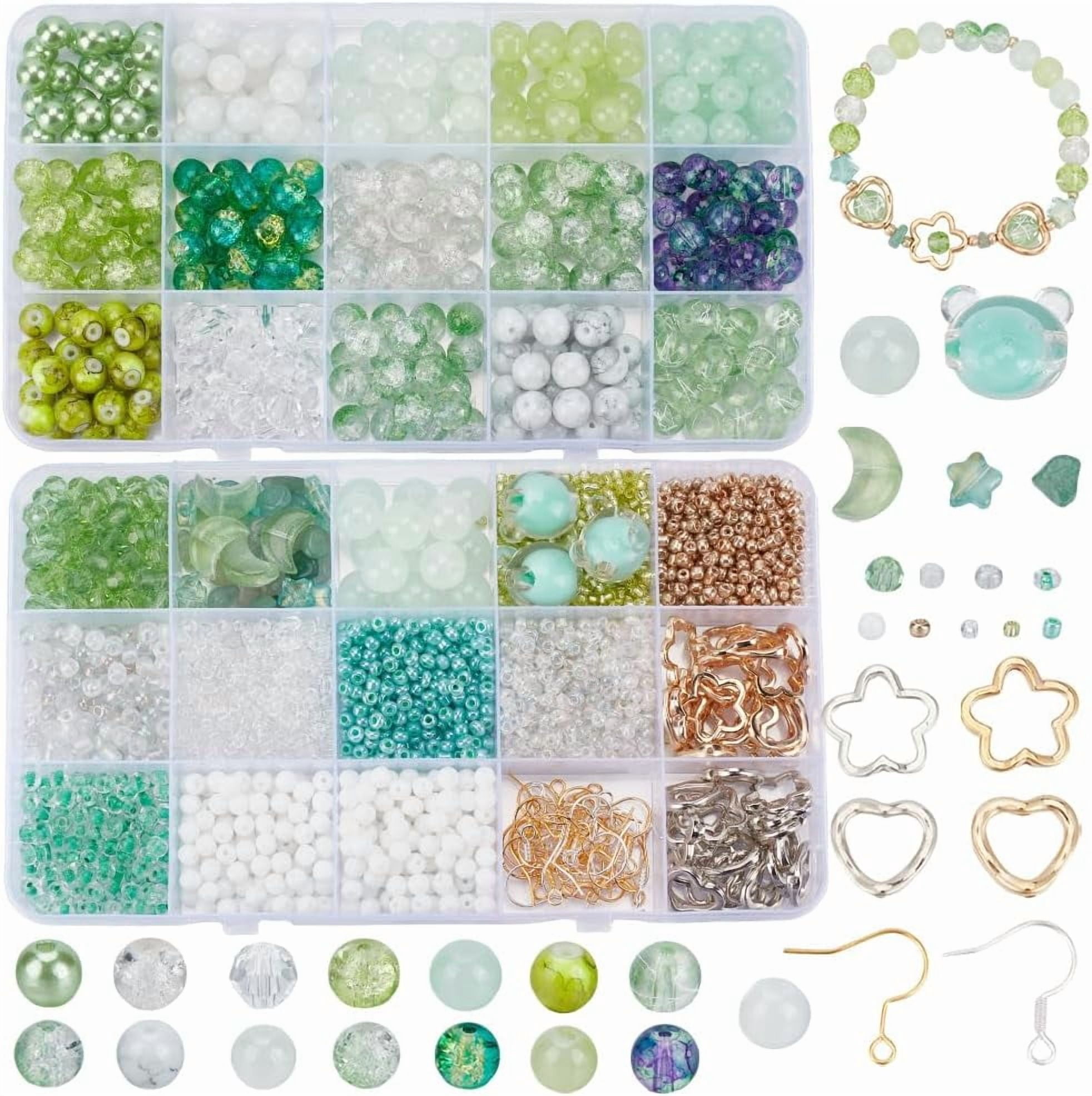2 Box 2488Pcs Green Bead Bracelet Kit 8mm Acrylic Round Beads Seed Beads with Hollow Frame Bead Earwires Accessories for Jewelry Making Supplies DIY Bracelet Necklace Earring Crafts DIY
