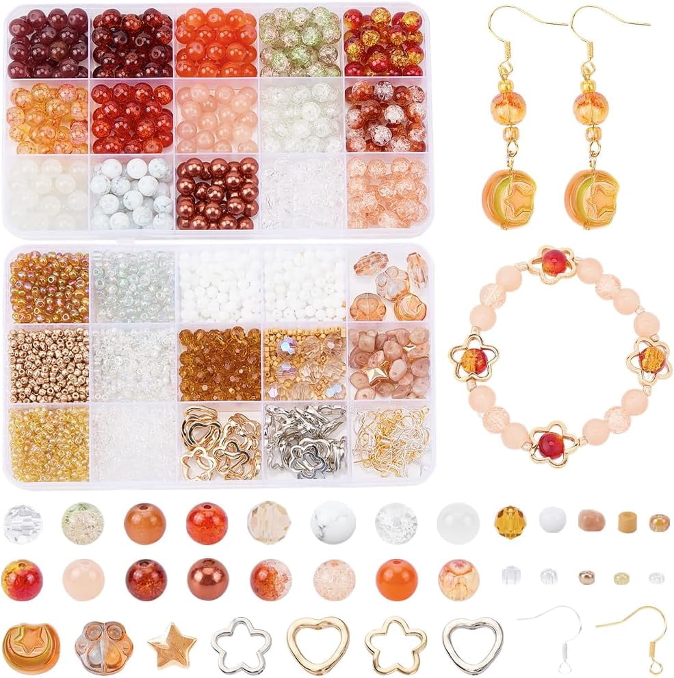 2 Box 2551Pcs Brown Bead Kit Glass Seed Beads Kit Acrylic Round 8mm Beads with Hollow Charms Paw Prints Earwires