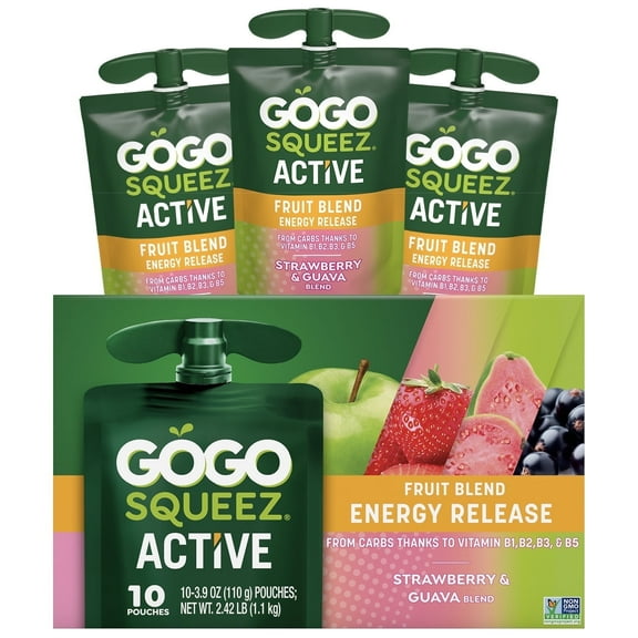 ( 2 Box ) GoGo squeeZ Active Fruit Blend Energy Release, Strawberry Guava, 3.9 oz Pouches (10 Pack)