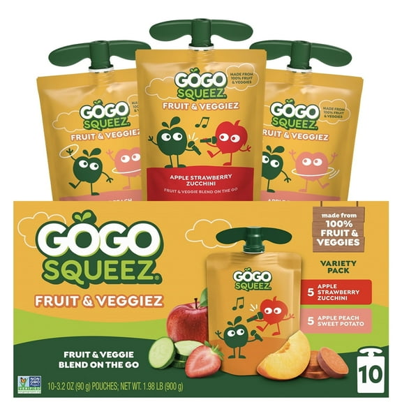( 2 Box ) GoGo squeeZ Fruit & VeggieZ Applesauce and Puree Variety Pack, Apple Strawberry Zucchini and Apple Peach Sweet Potato, 3.2 oz Pouches (10 Pack)