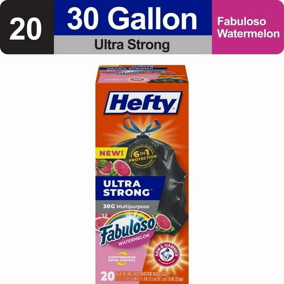 2 Box of Hefty Ultra Strong 30 gallon Trash Bags, Black Large Trash Bags, Fabuloso Watermelon Scent, 20 Bags