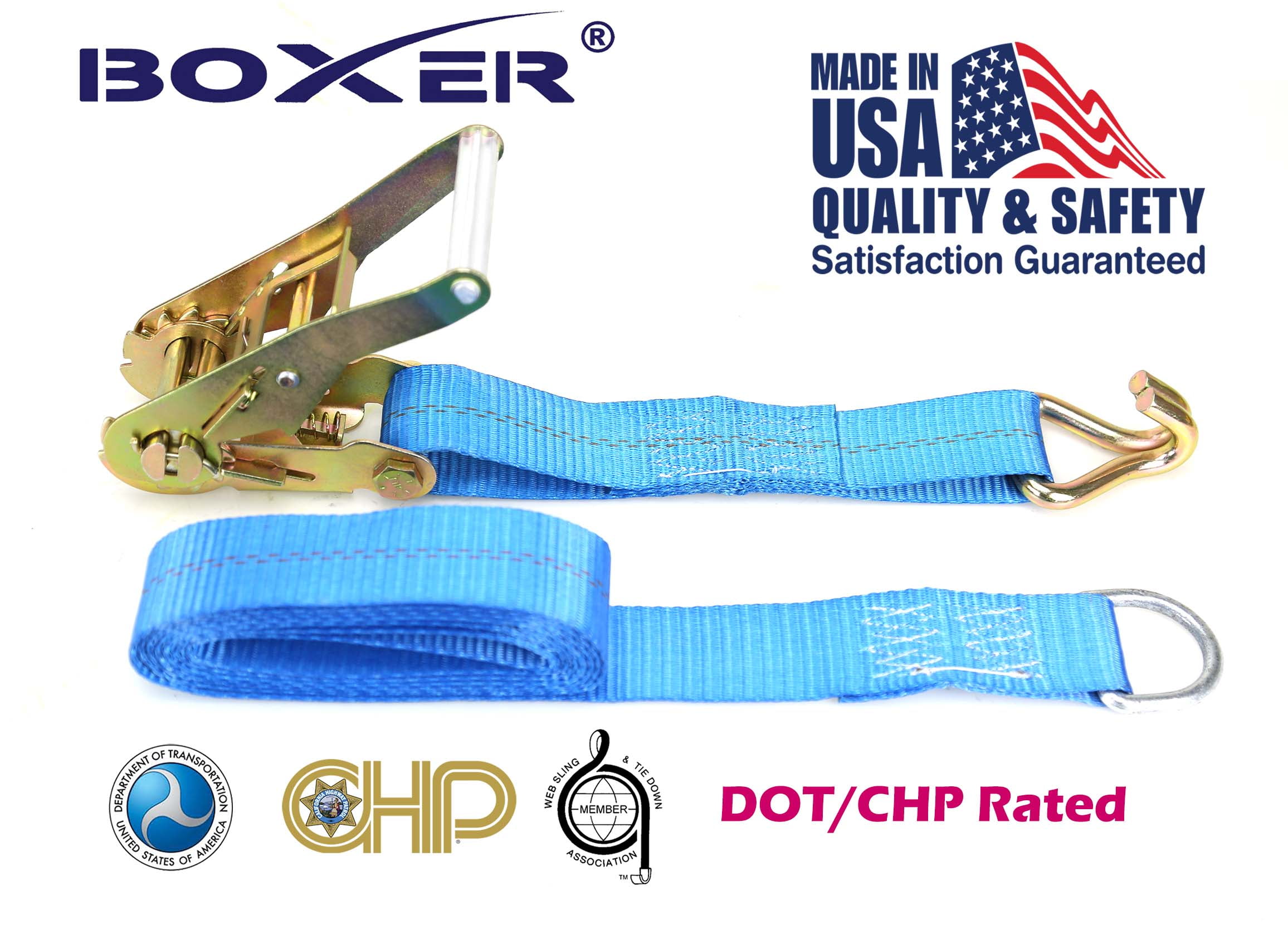 (2) Boxer DOT HD 2" x10' Tire Strap J Hook Tie Down w/Ratchet Car Hauler US Made