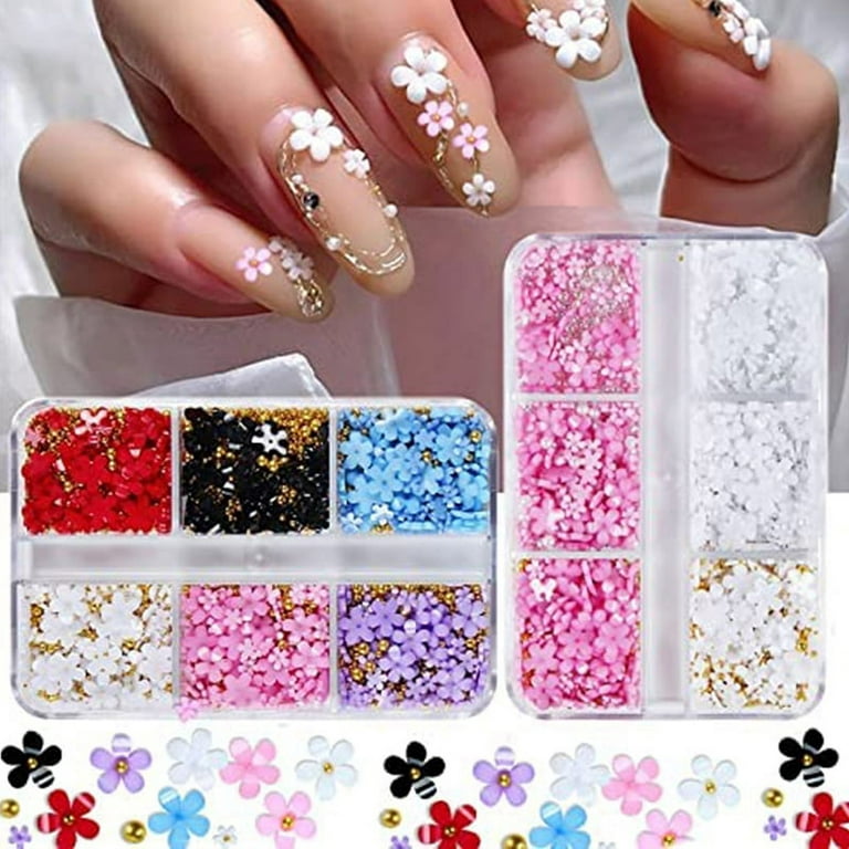 2 Boxes 3D Flower Nail Charms Rhinestones Metal Beads for Acrylic