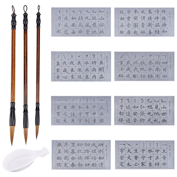 2 Boxes Chinese Calligraphy Hand Writing Practice Sheet of Regular Script with 1Pc Spoon Shape Ink Tray Containers and 3Pcs Brushes Pen Mixed Color
