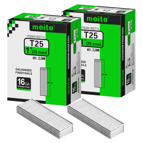 2 Boxes MEITE 16 Gauge Finish Nails, 1 Inch Galvanized 16GA Finish Nails, Small Straight Finishing Nail, Ideal for Woodworking, Upholstery, and Framing Projects (2,500 Pcs/Box)