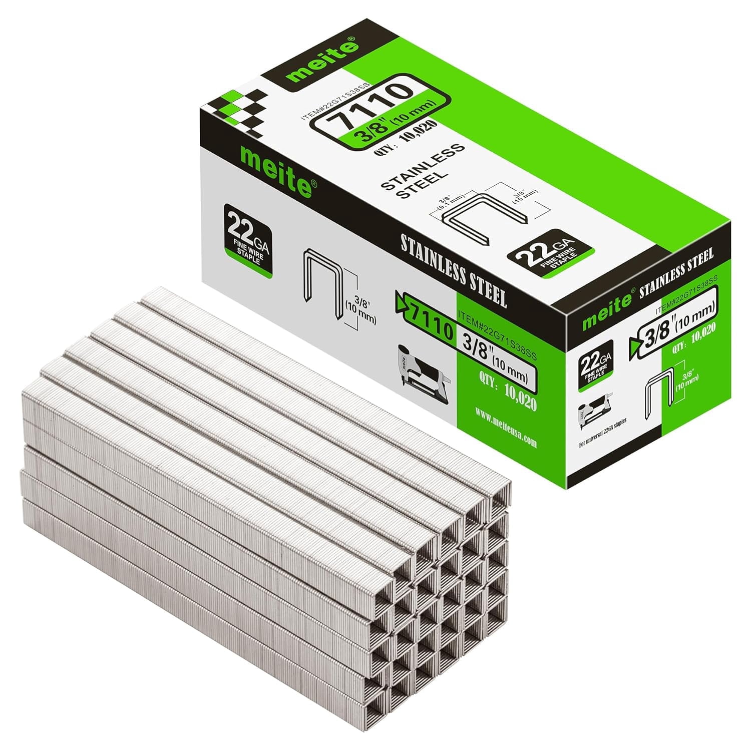 MEITE 22GA 71 Type 304 Stainless Steel Staples, 3/8" Crown 3/8" Length for Upholstery 10,020 Pcs/Box(2 Boxes)