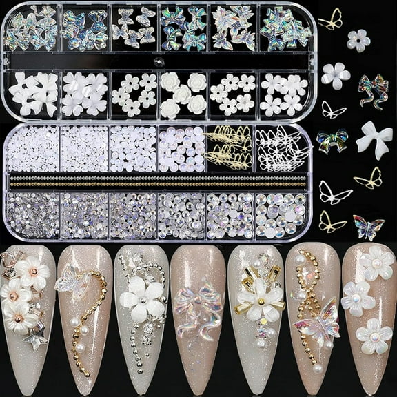 2 Boxes Nail Art Kit, 3D Acrylic Charms & Crystal Rhinestones, Multi-Shape Butterflies Flowers Bears Pearls for Nail Art Decoration, DIY Craft Supplies for Women Girls