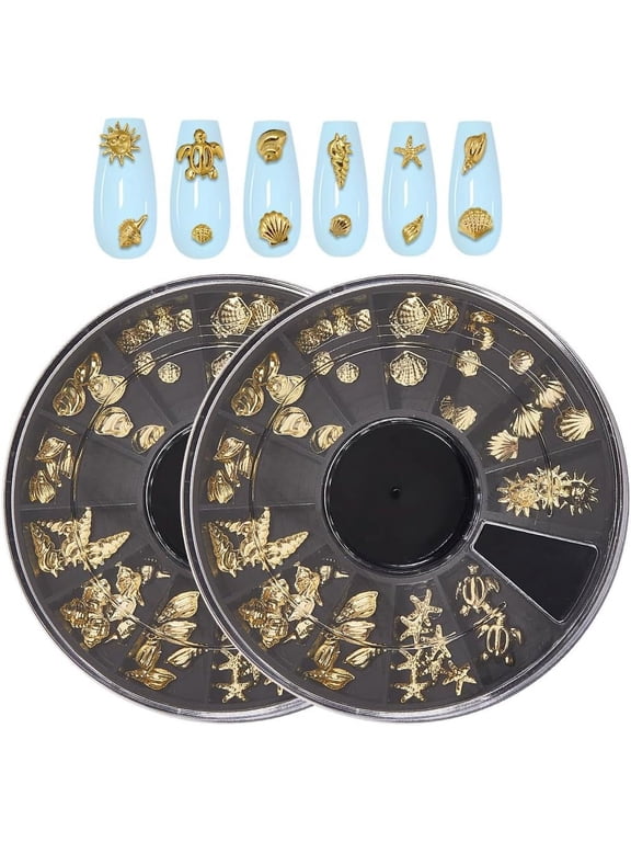 2 Boxes Ocean Nail Art Set 3D Charms 12 Styles Metal Alloy Gold Nail Charms Design Studs Gems Kit Summer Sea Turtles Marine Starfish Seashell Conch