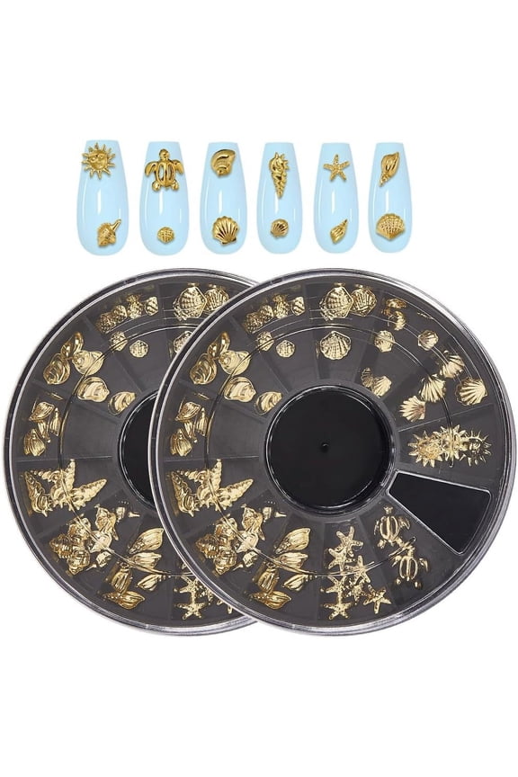 2 Boxes Ocean Nail Art Set 3D Charms 12 Styles Metal Alloy Gold Nail Charms Design Studs Gems Kit Summer Sea Turtles Marine Starfish Seashell Conch