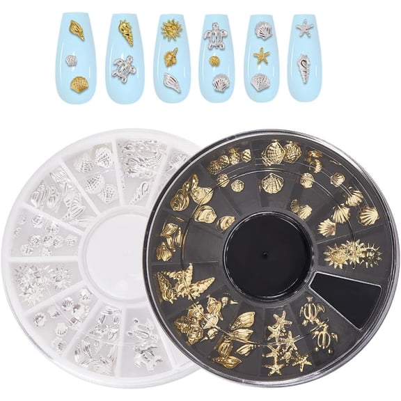 2 Boxes Ocean Nail Art Set 3D Charms 12 Styles Metal Alloy Silver Gold Nail Charms Design Studs Gems Kit Summer Sea Turtle Marine Starfish Seashell Conch
