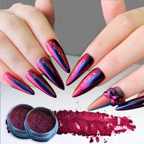 2 Boxes Purple Red Chrome Nail Art Powder, Gradient Mirror Effect Aurora Magic Pearlescent Nail Powder Pigment, High Gloss Glitter Holographic Chameleon Dust Nail Powder for Manicure Decoration ALT2