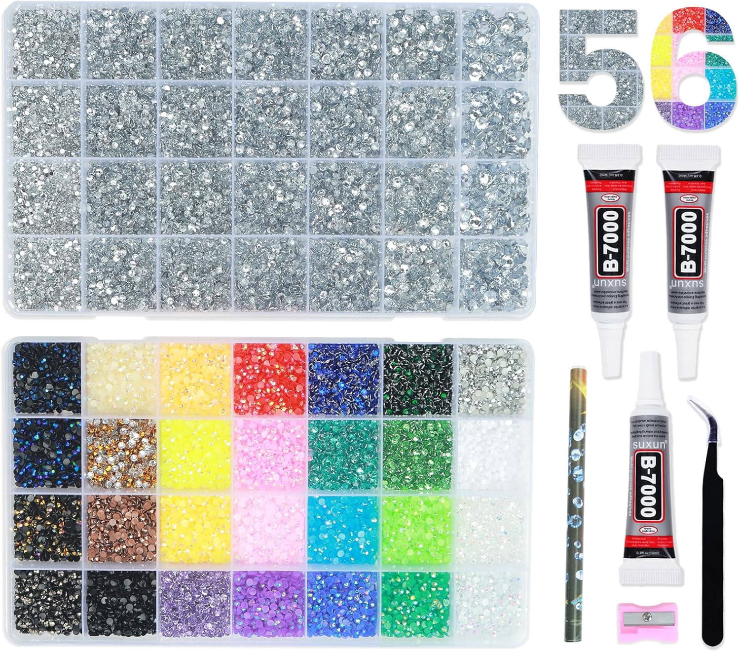 2 Boxes Rhinestones for Bedazzling Kits, Silver Clear 2/3/4/5/6mm & Multicolor 3mm Resin Flatback Gems for Bedazzle Art, Bedazzler Kit with 3Pcs 10ml B7000 Jewelry Glue for DIY Crafting Book Decor