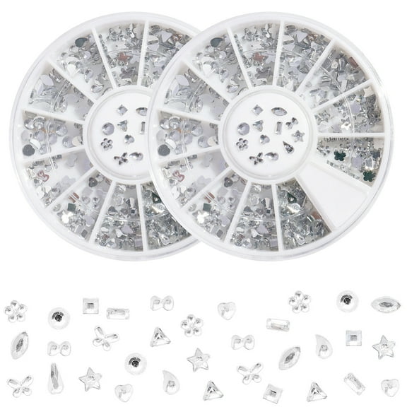 2 Boxes Silver Nail Rhinestones Kit 12 Shapes 3D Nail Art Diamond Flatback Charms and Gems White Glass Resin Glitter Crystal Flat Back Round Bead Set for Women DIY Jewelry Decoration Supplies