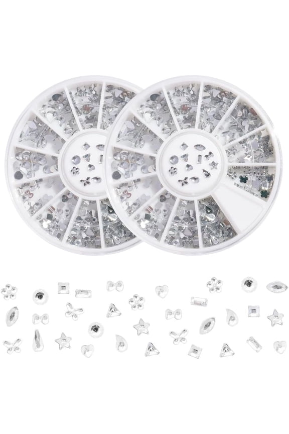 2 Boxes Silver Nail Rhinestones Kit 12 Shapes 3D Nail Art Diamond Flatback Charms and Gems White Glass Resin Glitter Flat Back Round Bead Set for Women DIY Jewelry Decoration Supplies