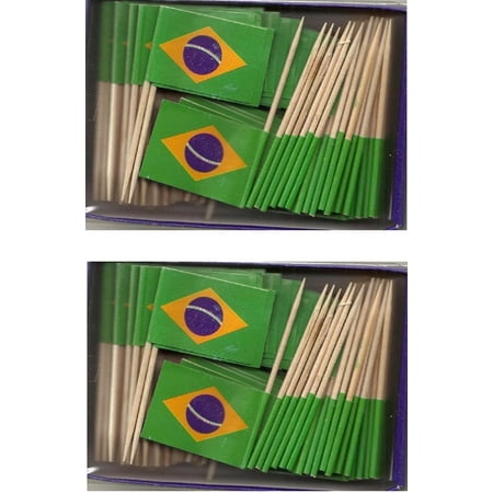 2 Boxes of Mini Brazil Toothpick Flags, 200 Small Brazilian Flag Toothpicks or Cocktail Sticks & Picks