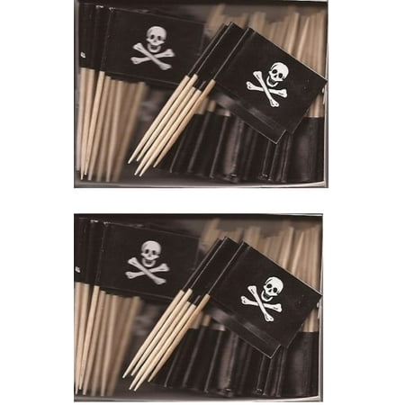 2 Boxes of Mini Jolly Roger Toothpick Flags, 200 Small Pirate Skull and Crossbones Flag Toothpicks or Cocktail Sticks & Picks