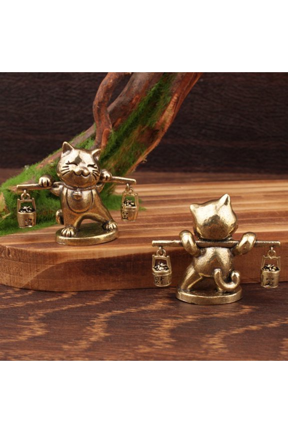 2" Brass Lucky Cat Figurine, Bookshelf Cabinet Small Feng Shui Ornaments, Funny Cats Brass Mini Figurines Collectibles, Cute Christmas Birthday Gifts for Friends