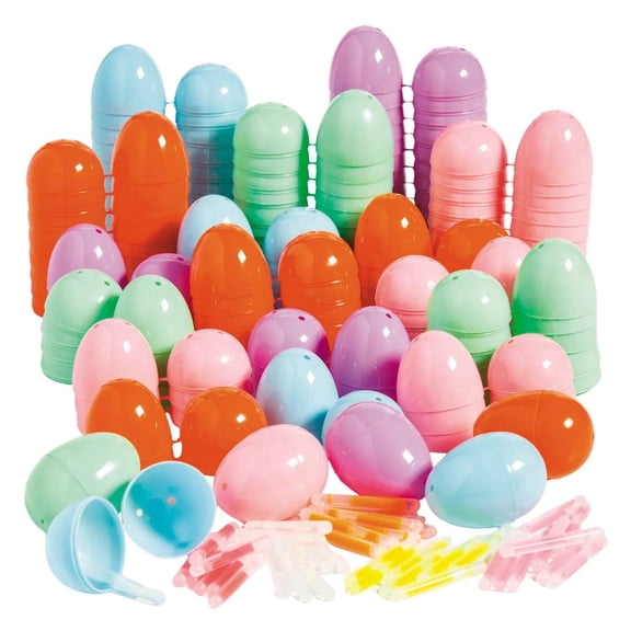 Fun Express 2" Bulk Plastic Easter Eggs & Mini Glow Stick Kit for 100, Bulk Easter Egg Hunt Supplies