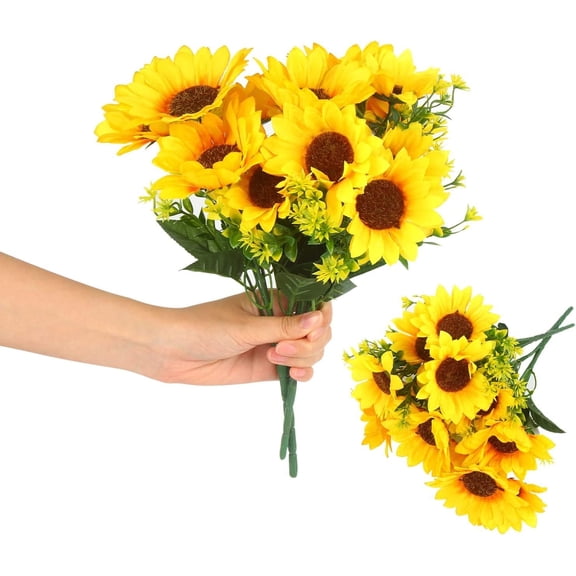 2 Bunches Artificial Sunflower Bouquet, Fake Sunflower Silk Flowers, Realistic Silk Sunflowers with Stems for Wedding, Home, Garden, Party, Centerpiece, Table Decor, Bridal Bouquet,Outdoor Decoration
