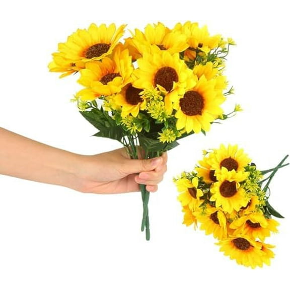 2 Bunches Artificial Sunflowers Bouquet, 3.7’’ High Realistic Flowers Silk Faux Sunflowers with Stems Great for Indoor &Outdoor Home Decor, Yard, Weddings, Party Decoration