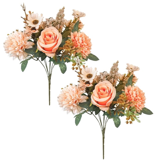 2 Bunches Champagne Autumn Artificial Faux Rose Daisy Silk Flower Bouquet, Bendable Wire Stems for Wedding Party Home Kitchen Table Centerpiece Fall Decor