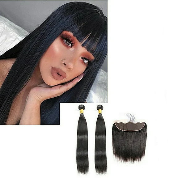 2 Bundles Brazilian Straight Human Hair, Virgin Human Hair with 13x4 Lace Frontal Straight Natural, Black