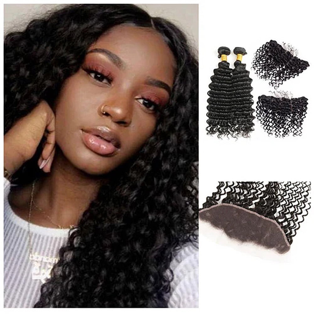 2 Bundles Deep Wave Lace Front Wigs Human Hair, Deep Wave Wig 13x4 Lace Frontal Wigs for Women