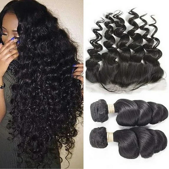 2 Bundles Loose Deep Wave Human Hair, 100% Unprocessed Brazilian Virgin Remy Hair Extension With 13x4 Lace Frontal Natural Black Color for Women