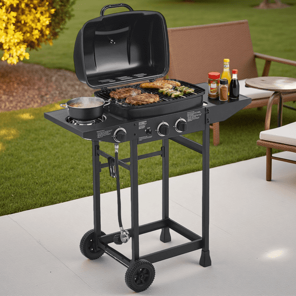 2 Burner BBQ Propane Gas Grill with Side Burner, 24000 BTU Stainless Steel Outdoor Grill, 237 sq in Cooking Area with Side Tables, Black