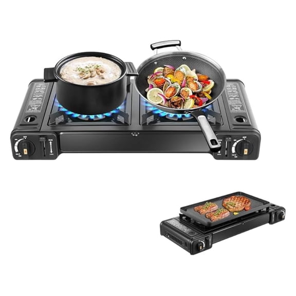 2 Burner Butane Stove Portable Dual Burner Gas Grill with Grill Tray & Case for Camping, BBQ, Outdoor Travel - High Power 220g Butane Compatibility