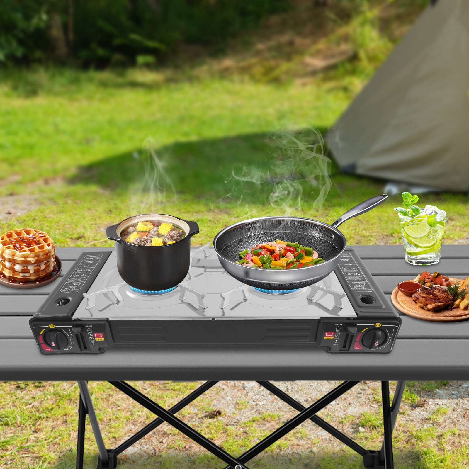 2 Burner Camping Stove Grill 2500W Portable Non-Stick Griddle Gas Stove Gas Cooktop for Outdoor Cooking Picnic Backyard BBQ