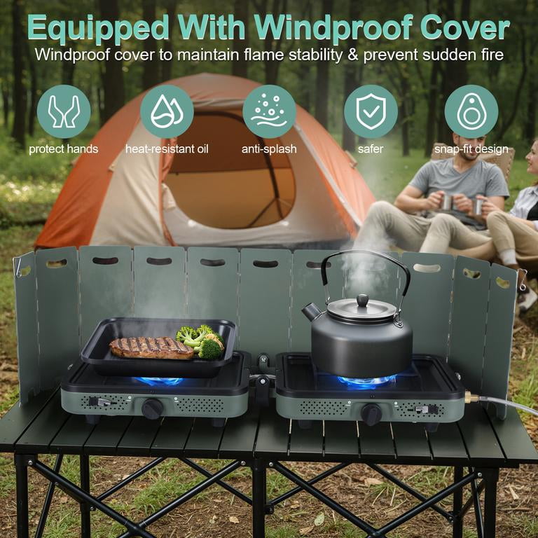 2 Burner Camping Stove with Windshield, 20000 BTU Propane Camp Stove, Portable Folding Gas Stove, Camping Essentials Gear Includes Frying Pan,Carry Bag, Green