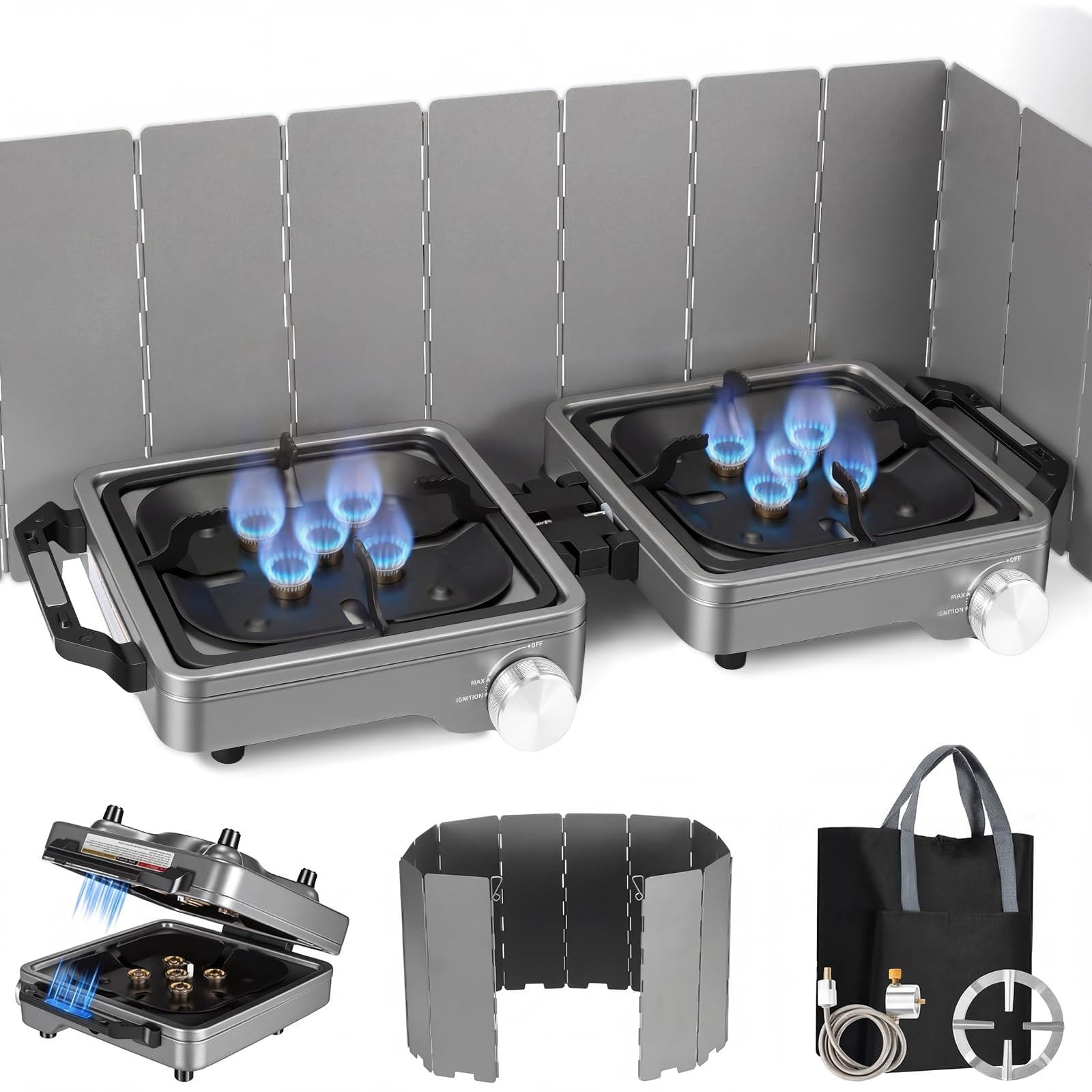 2 Burner Camping Stove With Windshield  24000 Btu Propane Gas Portable Folding Camp Carry Bag Piezo Ignition Adjustable Burners For Outdoor Tailgating Grilling
