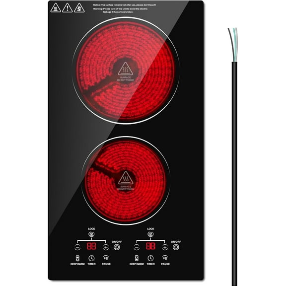 2 Burner Electric Cooktop, 12 Inch Electric Stove Top, Built-in Electric Cooktop with Sensor Touch Control, Timer & Child Lock Included,Keep Warm,9 Power Levels, 3000W, 220V-240V Hard Wired (No Plug)