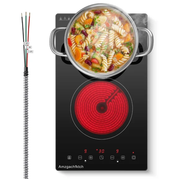 2 Burner Electric Cooktop 220V~240V, 12 Inch Built-in 3000W Ceramic Stove Top with Child Safety Lock, Timer & Residual Heat Indicator, Hard Wire(No Plug) for Modern Kitchens