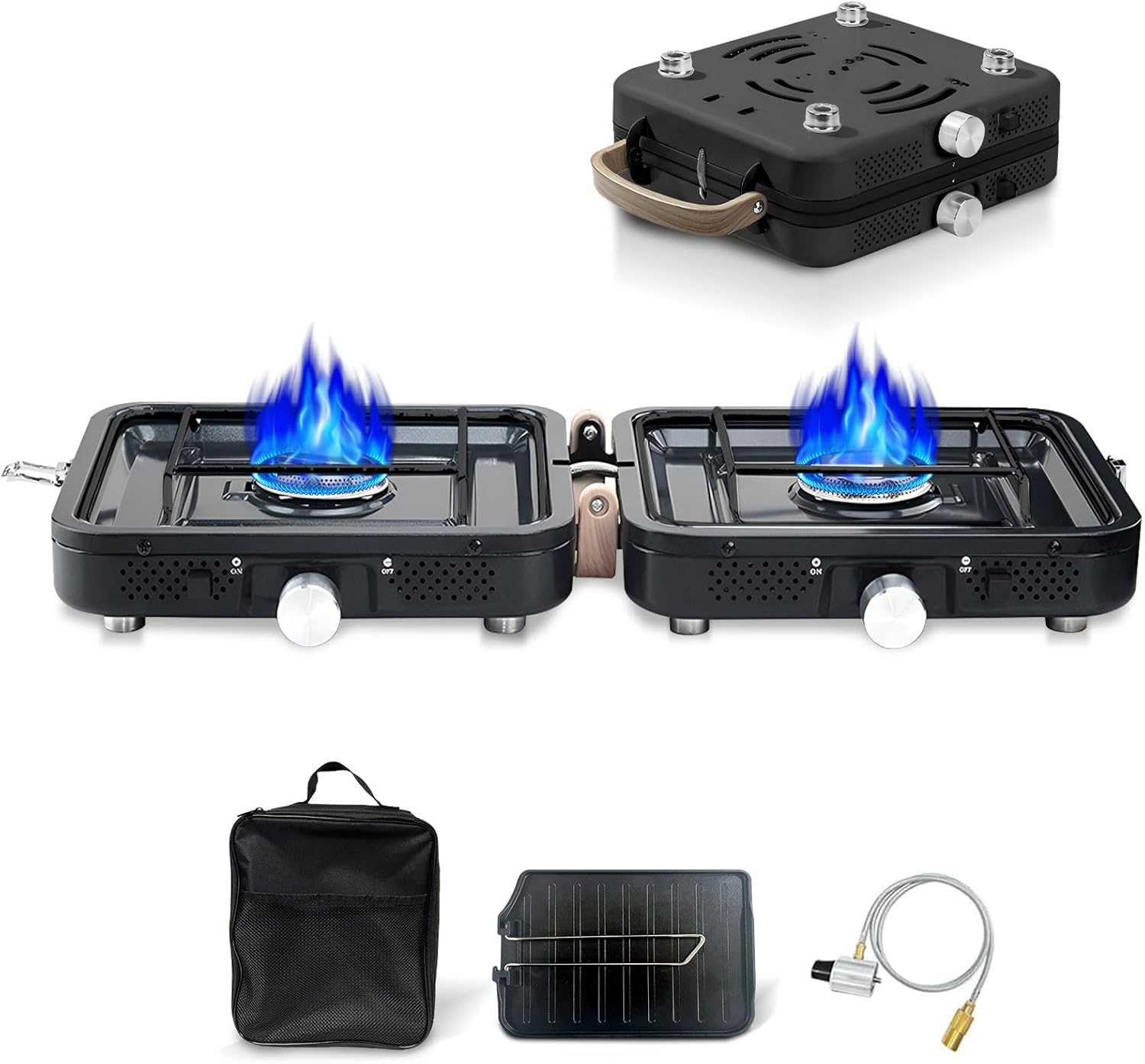 2-Burner Foldable Camping Stove with Griddle (Textured & Smooth) and Carrying Bag, Portable Propane Camp Stove with 2 Adjustable Burners & Piezo Ignition, for Camping Tailgating Essentials Gear