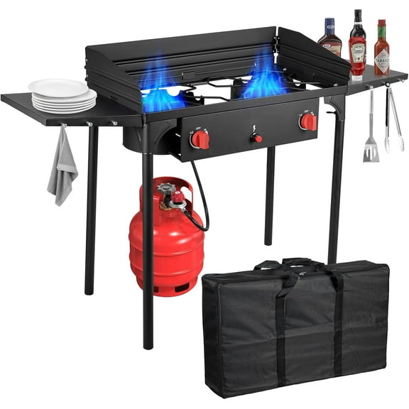 2 Burner Gamping Stove with Windpanel& Side Shelves, Bag, Auto Ignition Button,Regulator,150,000 BTU Camping Stove Propane Burner for Outdoor BBQ&Backyard Cooking Camping Home